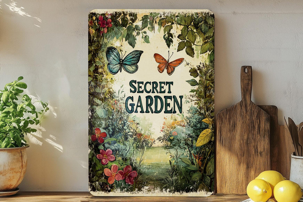 a painting of a garden with butterflies and flowers