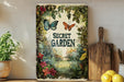 a painting of a garden with butterflies and flowers