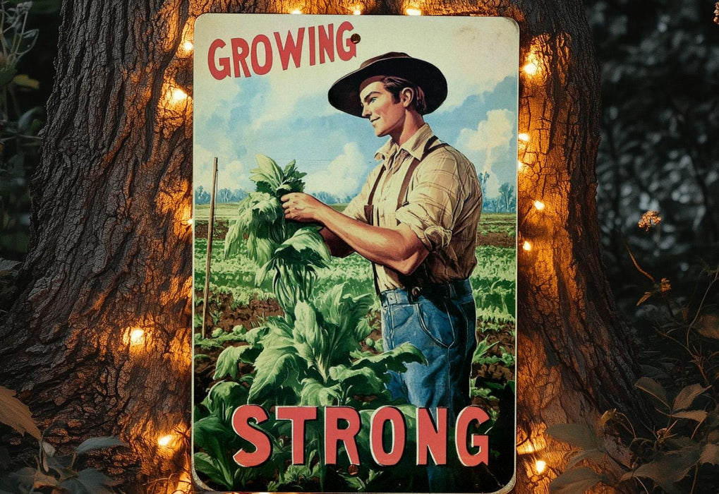 a picture of a man holding a plant in front of a tree