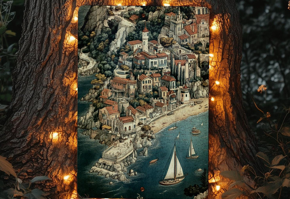 a painting of a city with a sailboat on the water