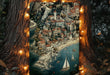 a painting of a city with a sailboat on the water