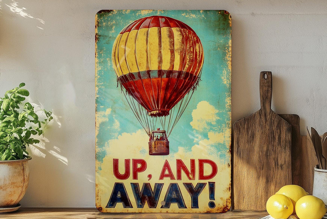 a painting of a hot air balloon with the words up and away