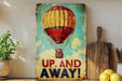 a painting of a hot air balloon with the words up and away