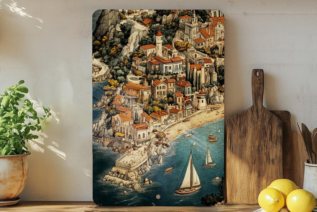 a painting on a wall with a boat in the water