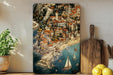 a painting on a wall with a boat in the water