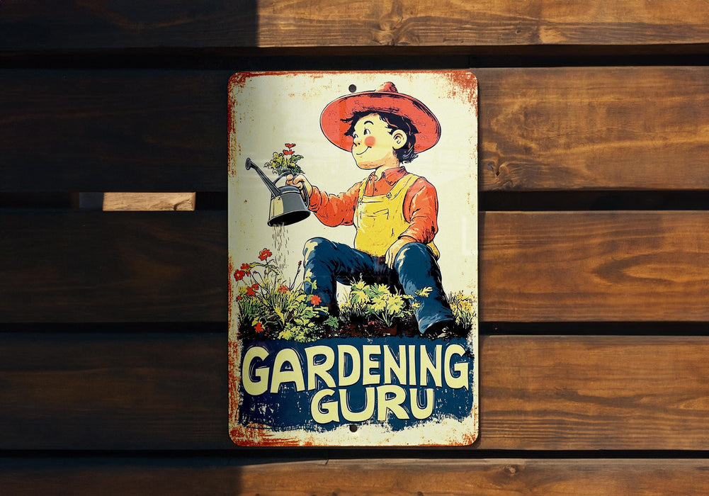 a sign on a wooden wall that says gardening guru