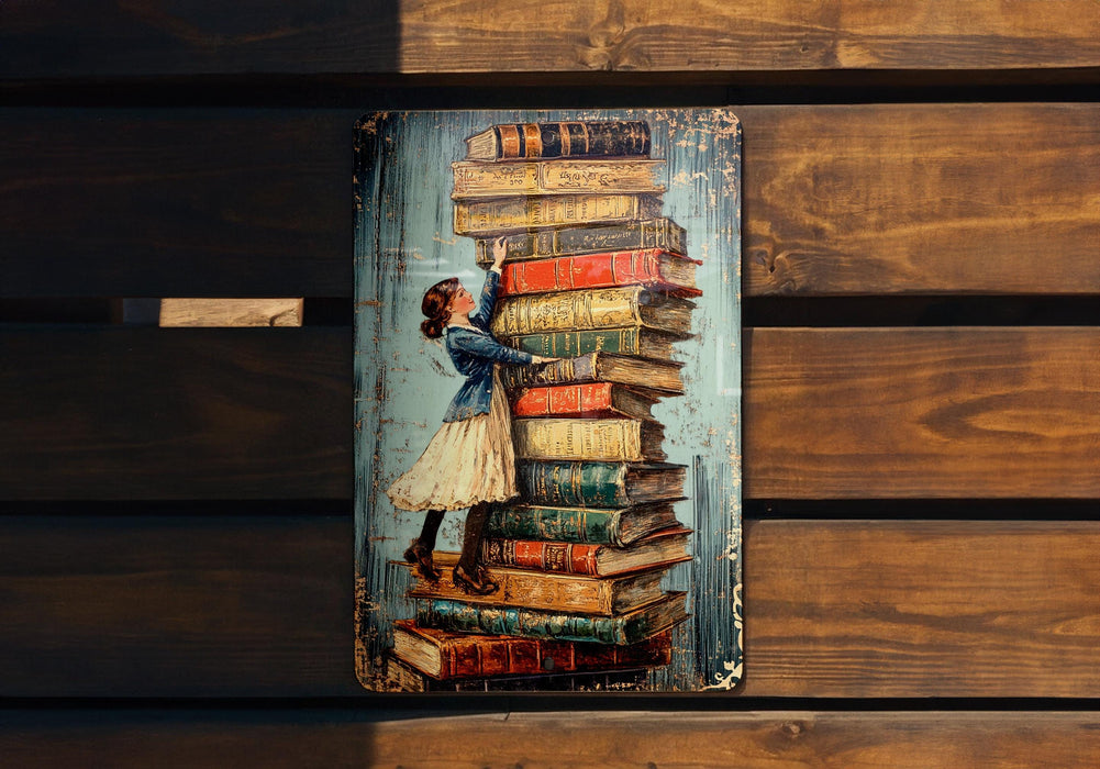 a painting of a girl leaning on a stack of books