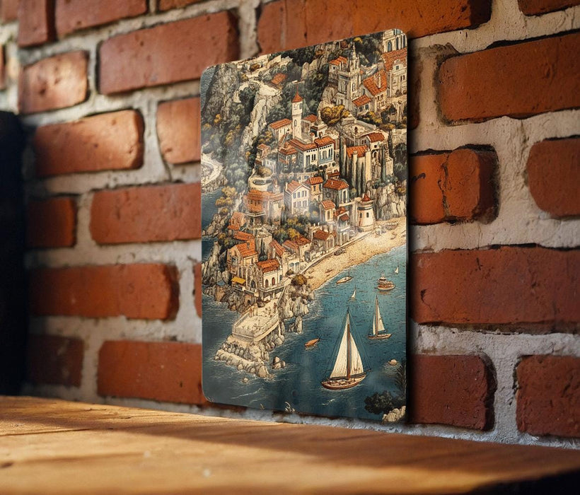a wooden table with a painting on it