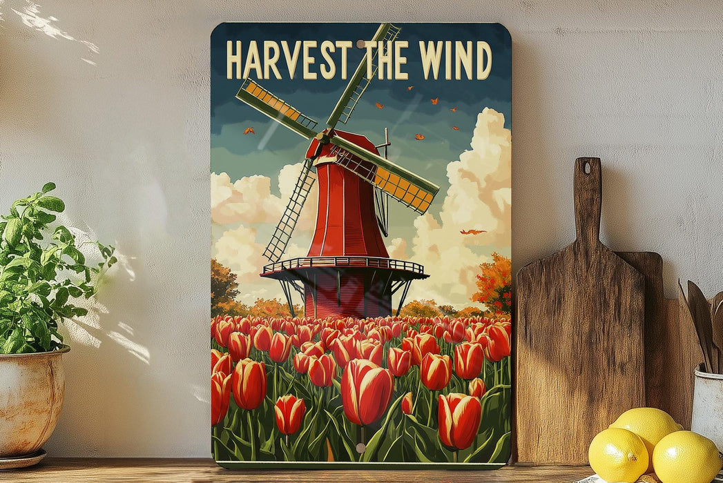 a painting of a windmill in a field of tulips
