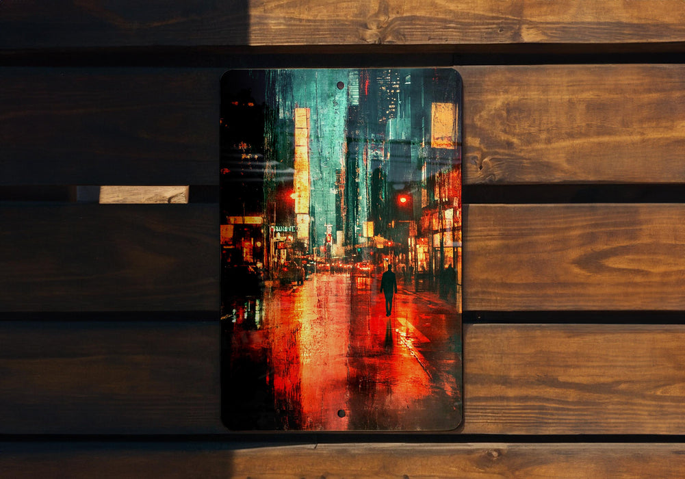 a painting of a city street at night