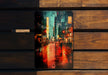 a painting of a city street at night