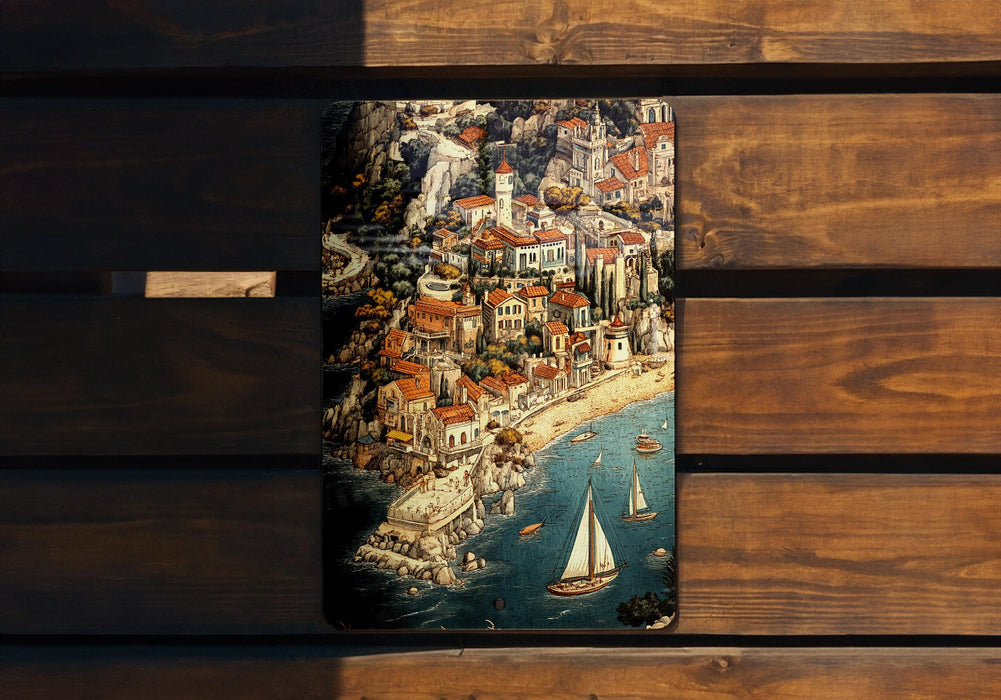 a wooden bench with a painting on it