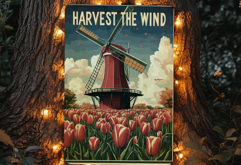 a poster of a windmill in a field of tulips