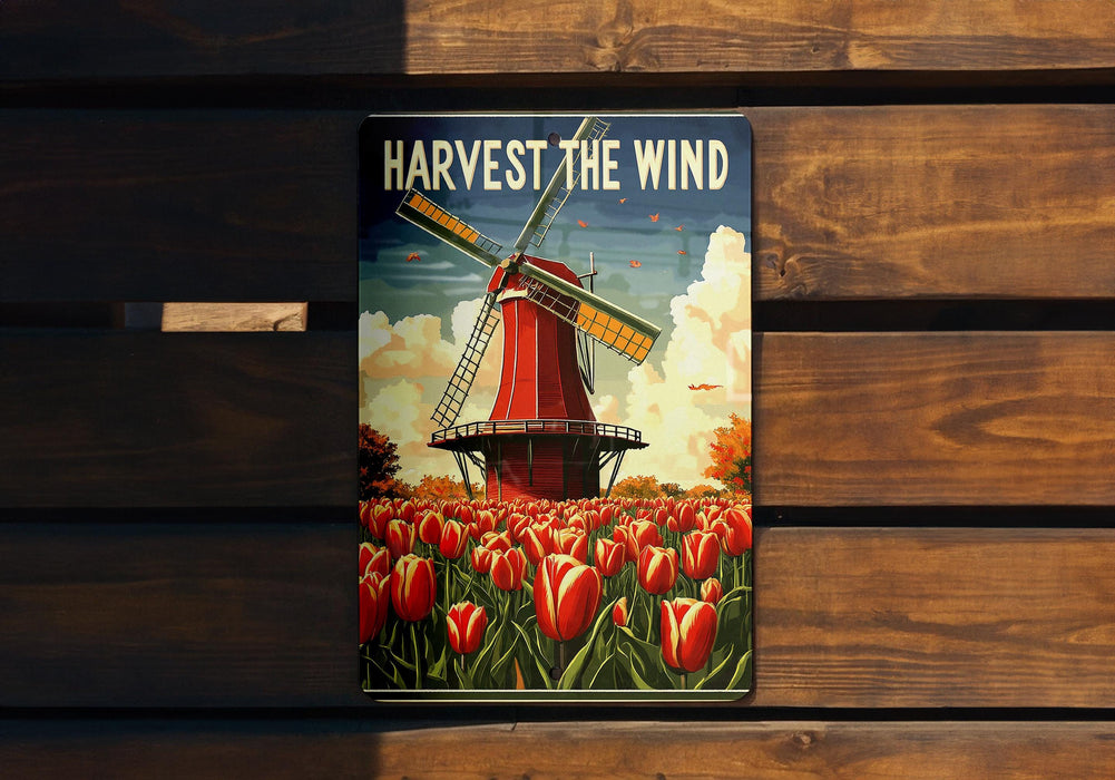 a poster of a windmill in a field of tulips