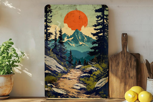 a painting on a wall of a mountain trail