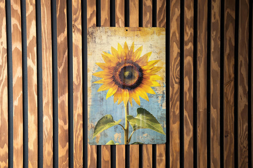 a painting of a sunflower on a wooden wall