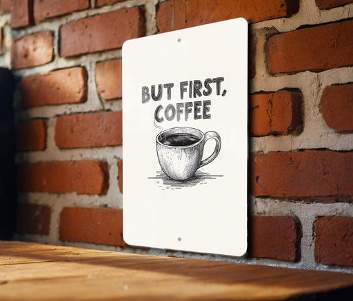 a sign that says, but first, coffee