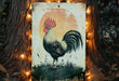 a sign with a rooster on it in front of a tree