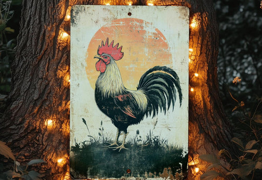 a sign with a rooster on it in front of a tree