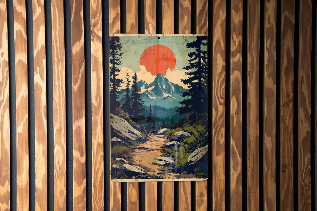 a painting of a mountain scene on a wooden wall