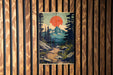 a painting of a mountain scene on a wooden wall