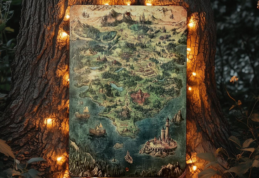 a picture of a map hanging on a tree
