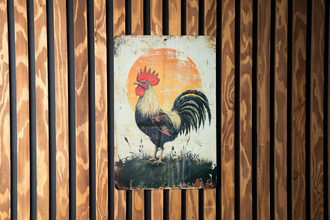 a picture of a rooster on a wooden wall
