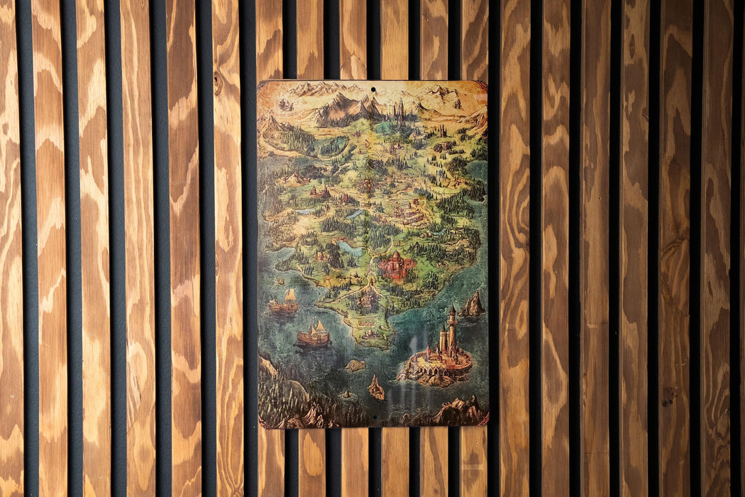 a painting hanging on a wooden wall