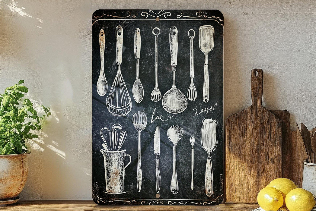 a chalkboard with a bunch of kitchen utensils on it