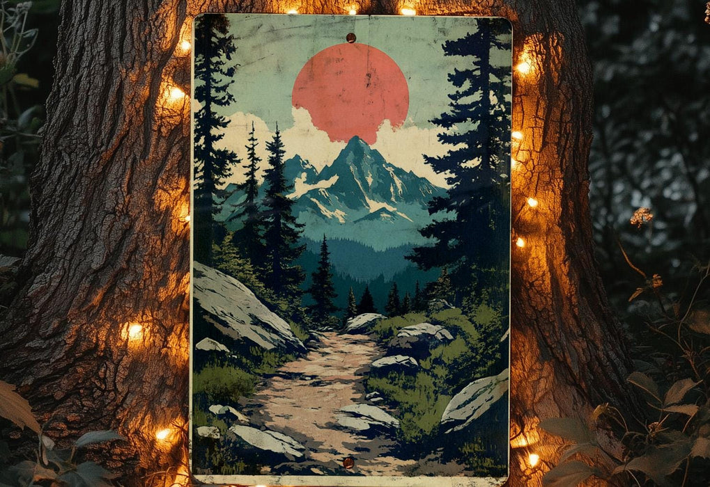 a painting of a mountain scene with a trail going through it