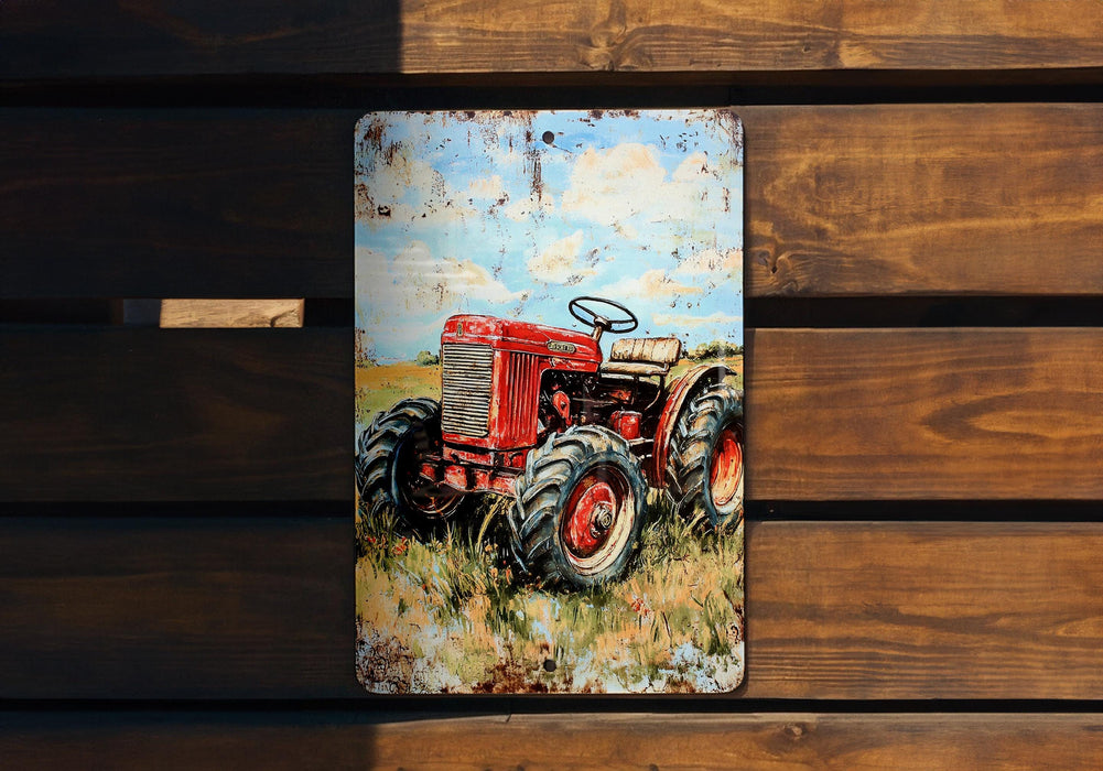 a painting of a red tractor on a wooden bench