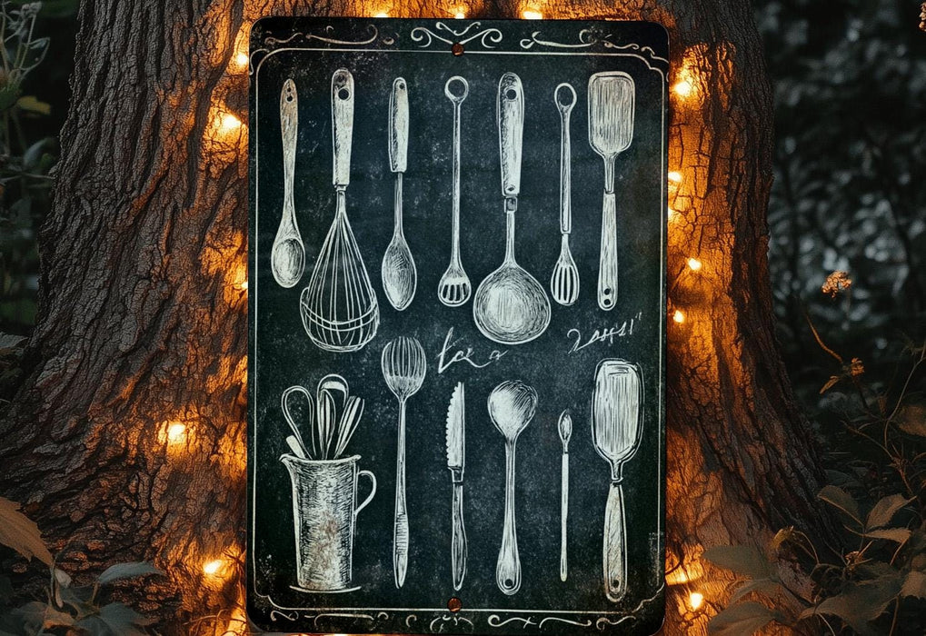 a chalkboard with utensils drawn on it in front of a tree