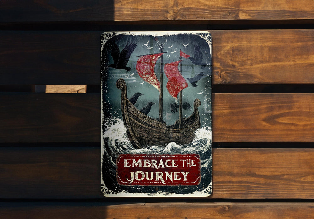 a sign on a wooden bench that says embrace the journey