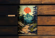 a wooden bench with a painting on it