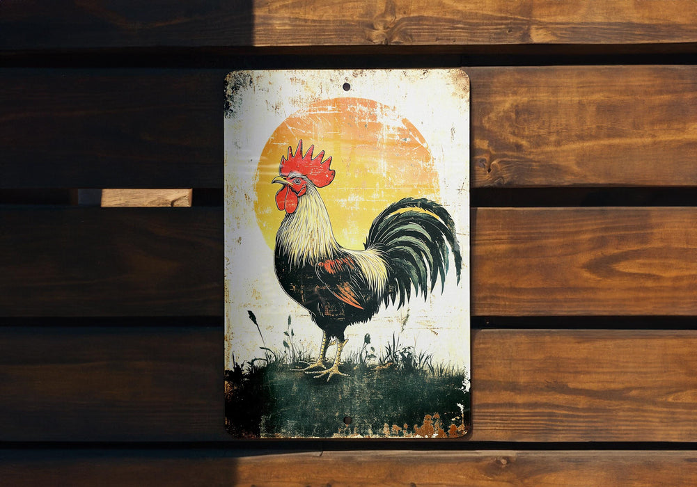 a rooster painted on a sign on a wooden bench