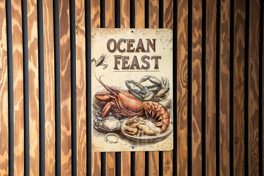 a sign on a wooden wall that says ocean feast