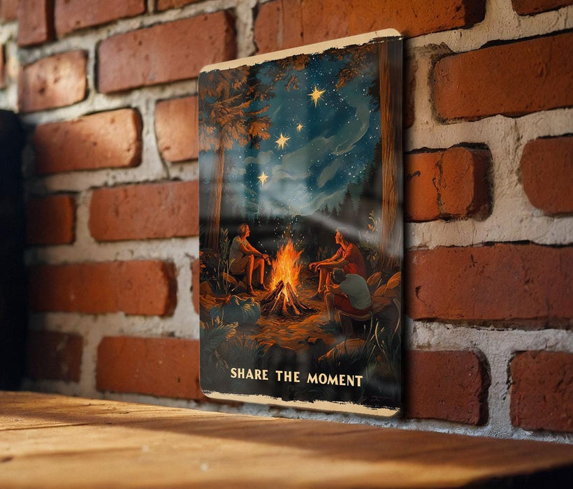 a picture hanging on a brick wall next to a wooden table