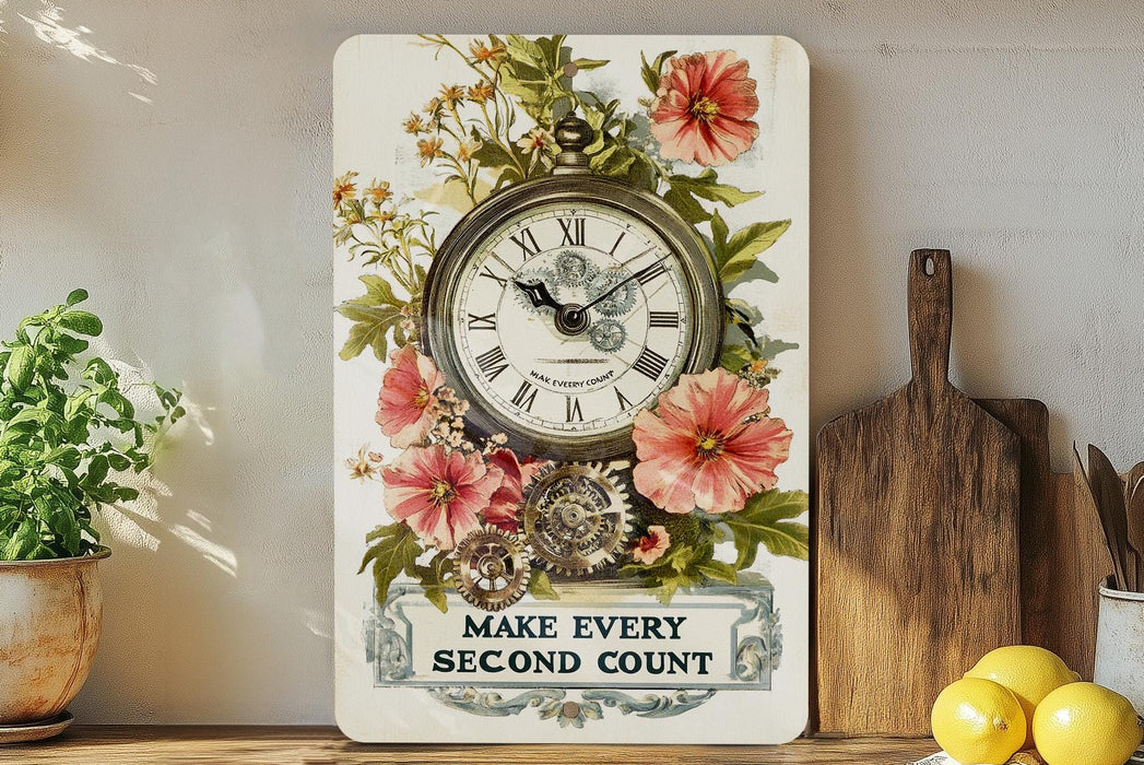 a clock on a shelf with flowers on it