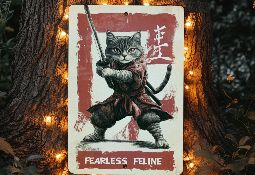 a sign with a picture of a cat holding a sword