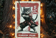 a sign with a picture of a cat holding a sword