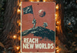 a sign with a picture of a man holding a flag on top of a mountain