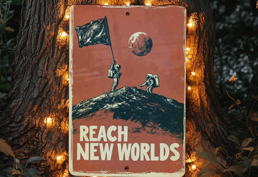 a sign with a picture of a man holding a flag on top of a mountain