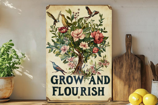 a painting of flowers and birds on a shelf