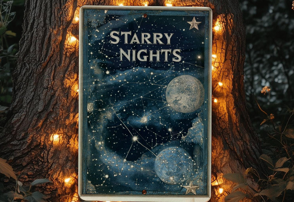 a sign that reads starr nights in front of a tree