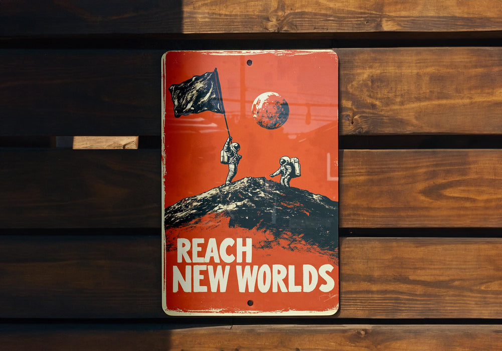 a sign on a wooden wall that says reach new world