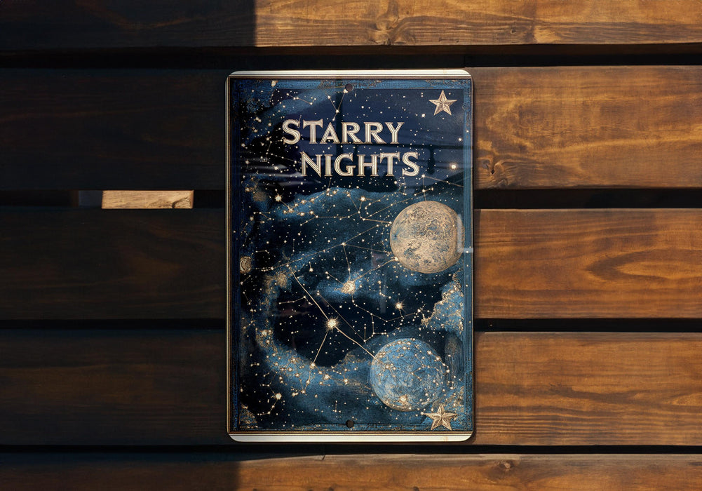 a metal box with starry nights written on it