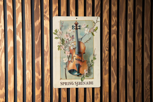 a picture of a violin on a wooden wall