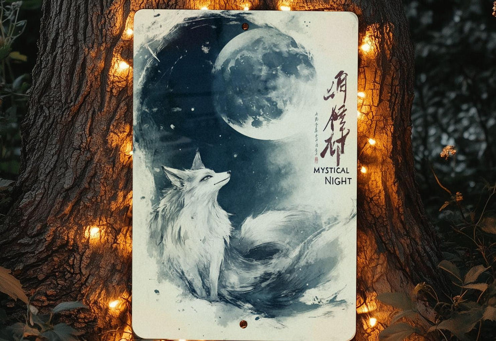 a picture of a fox sitting on a tree with a full moon in the background
