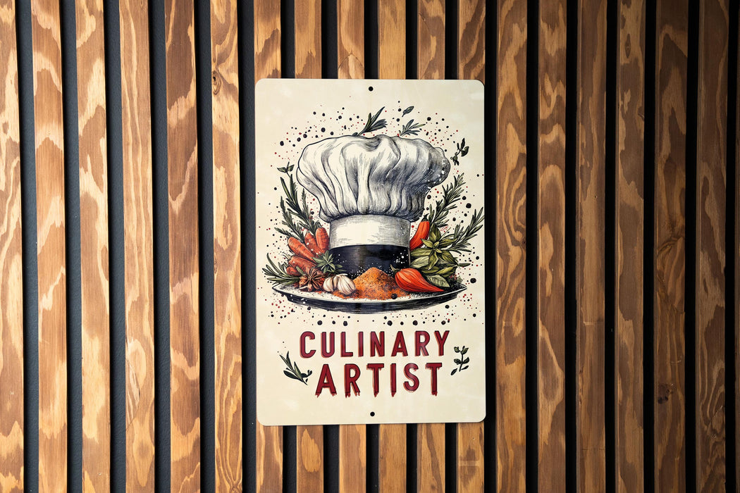 a sign on a wooden wall that says culinary artist