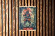 a picture of a man with a sword on a wooden wall